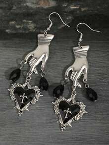 European And American Popular Gothic Thorn Heart Hand-Holding Earrings, Hot Girl Street Style Exaggerated Personalized Earrings - Silver - View 5
