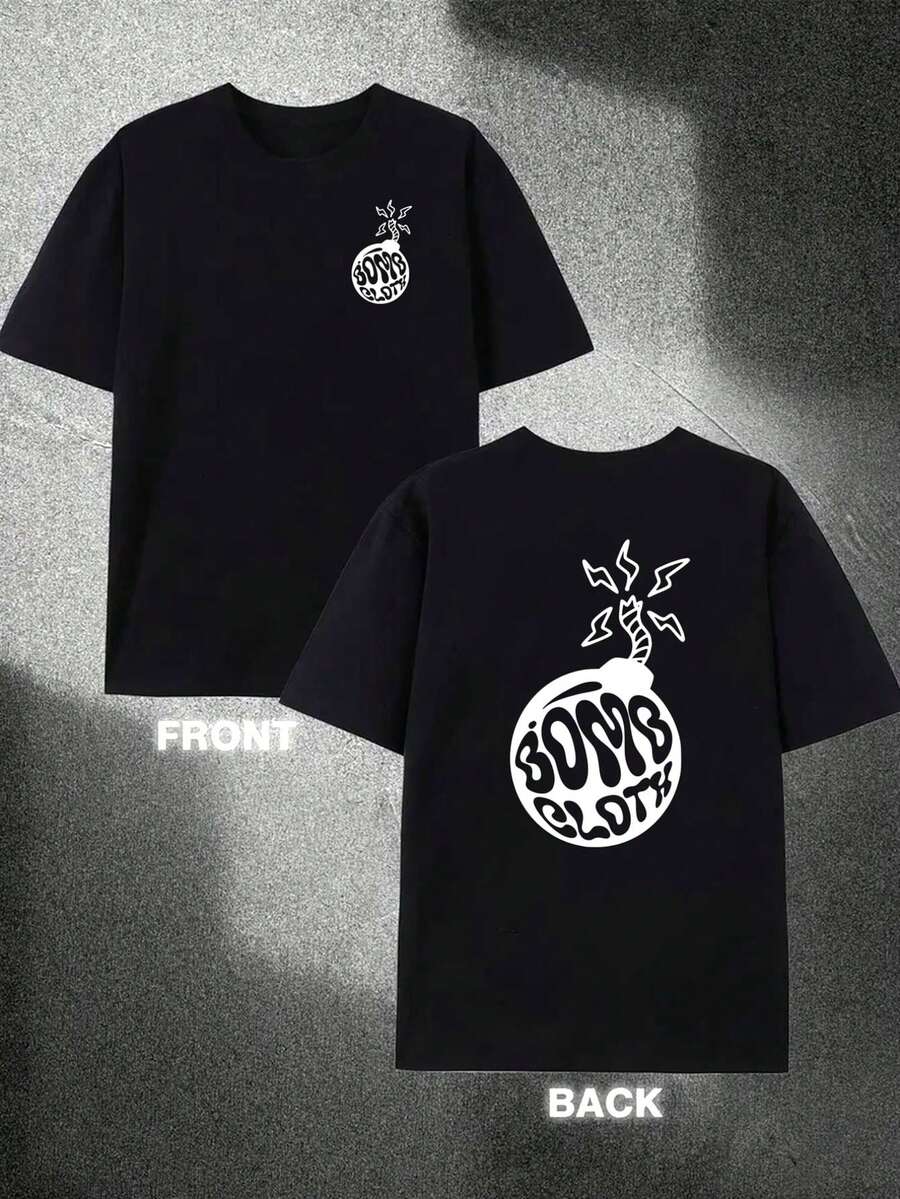Camiseta de hombre con estampado de doble cara y diseño geométrico en la parte delantera y trasera - Tejido de elasticidad media, corte regular, cuello redondo, mangas cortas, adecuada para