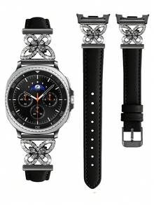 Galaxy Watch 8 錶帶，1件鑲嵌立方鋯石金屬優雅錶帶 + 1件亮面風格（不含螢幕保護貼）。相容 Galaxy Watch 8 40mm 與 44mm 錶殼，可調節替換錶帶配件，適合男士與女士運動手錶 - 黑色黑扣雙 - 查看 3
