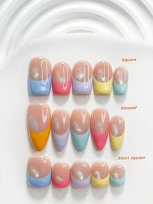10pcs Dopamine Style Handmade Press-On Nails, Poly Gel Nail Art Set, Colorful French Manicure, Orange, Purple, Blue, Pink Nail Polish, Sweet & Cool Style, Includes Nail Art Tools, 3 Sizes Available, Square, Short Square, Almond Shape, Suitable For Party, Dance, Daily Wear - 彩色 - 查看 1