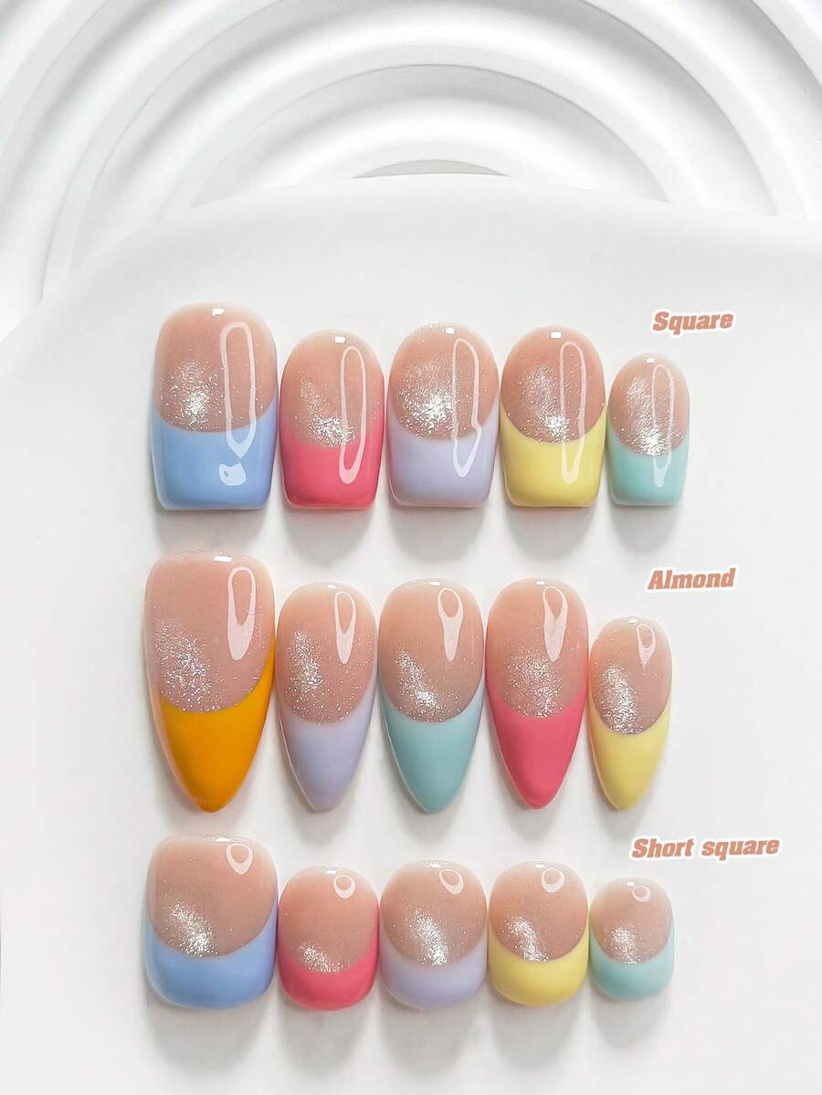 10pcs Dopamine Style Handmade Press-On Nails, Poly Gel Nail Art Set, Colorful French Manicure, Orange, Purple, Blue, Pink Nail Polish, Sweet & Cool Style, Includes Nail Art Tools, 3 Sizes Available, Square, Short Square, Almond Shape, Suitable For Party, Dance, Daily Wear - 彩色 - 查看 1