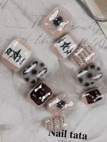 10pcs Press On Nails Punk Style Metal Line Short Nails Press On Nail Supplies Nails Fake Nails Artificial Nails Kit Includes 1sheet Adhesive Tabs &1 Pc Mini File Handmade Press On Nails - 彩色 - 查看 2
