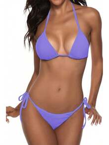 Women Two Piece Swimsuit Sexy Swimwear Halter String Triangle Bikini Sets - Purpleblue - View 1