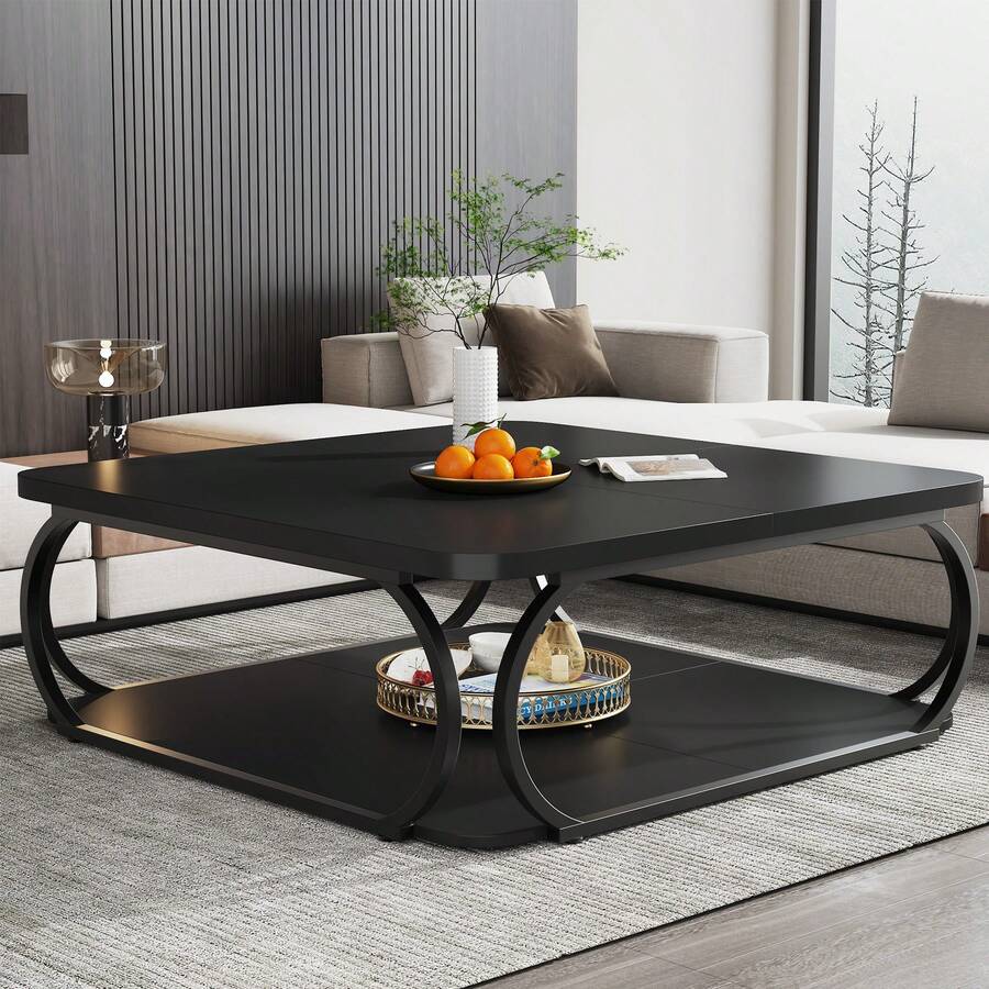 Tribesigns 40 Inch Coffee Table With Storage Shelf, 2-Tier Low Square Coffee Table With Farmhouse Wood Tabletop Heavy Duty Metal Curved Frame For Living Room - 黑色 - 查看 1