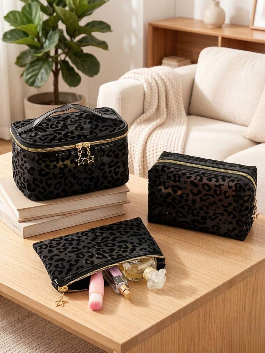 3pcs Large Capacity Fashionable Minimalist Transparent Hollow Mesh Makeup Bag Suitable For Travel, Outings And Home Use