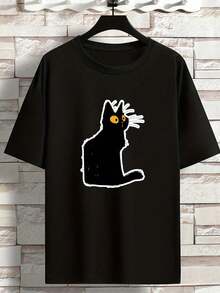 Camiseta de verano para hombre de talla, con estampado informal de gato negro, cuello redondo y corte holgado, conjunto de ropa masculina elegante y único. - Negro - Ver 1