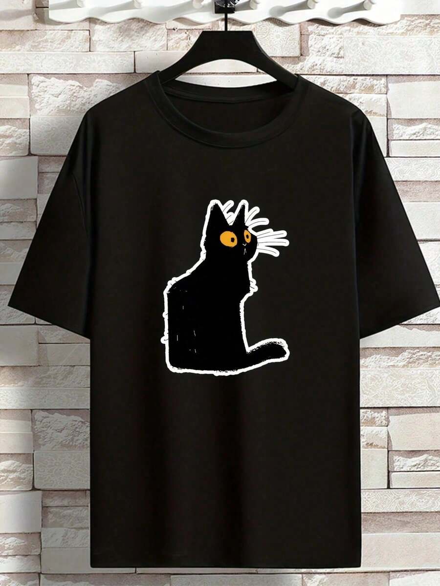 Camiseta de verano para hombre de talla, con estampado informal de gato negro, cuello redondo y corte holgado, conjunto de ropa masculina elegante y único. - Negro - Ver 1
