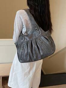 This Stylish Dark Gray Women's Handbag Features A Detachable Shoulder Strap, Pleated Design, Multiple Pockets And Large Capacity. Suitable For Office Workers, Teachers, Students And Young Women For Commuting, Shopping, Weekend Outings And Short Trips. - Dark Grey - View 4