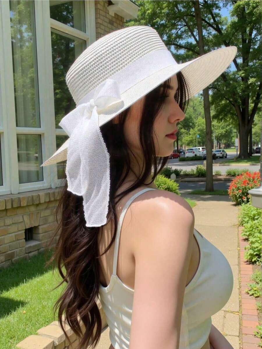 1件女款卡其色波浪條紋蝴蝶結草帽、白色蝴蝶結草帽,優雅波希米亞風,可折疊海灘帽,夏季戶外、海灘與復活節必備 - A - 查看 1