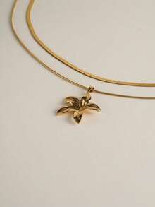 1 pieza Collar colgante elegante de lujo de acero inoxidable chapado en oro de 18K con diseño floral 3D de doble capa apilada, hipoalergénico, adecuado para el uso diario de mujeres, citas, moda versátil y opción de regalo - Dorado - Ver 3
