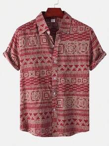 Men's Print Short Sleeve Shirt, Summer Holiday - Red - View 6
