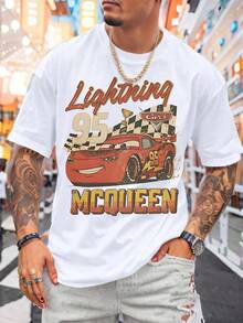 Disney Summer Men's Reversible Lightning McQueen 95 Car Graphic T-Shirt, Perfect For Movie Fans' Everyday Casual Wear - 白色 - 查看 2