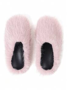 Womens Faux Fur Slippers Round Toe Fuzzy Fluffy Flat Warm Furry Bedroom Slipper Home Slides Thick Plush Indoor Outdoor Flat Summer Sandals For Women - 粉紅毛茸茸 - 查看 3