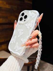 1pc White Polka Dot Butterfly Design Shockproof Phone Case Compatible With IPhone 16/16 Pro Max 11/13/14/15 12 Pro Max/13 Pro 15 Pro Max/XR 17 Pro Max, Wavy Edge, Valentine's Day Gift For Girls - White With Lanyard - View 2