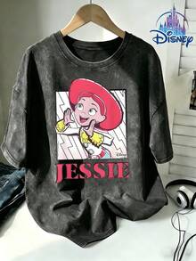 Disney Toy Story Jessie Comic Style Print Washed T-Shirt, Retro Street Basic Casual Top, Daily Essential & Ideal For Gifting - 黑色 - 查看 1