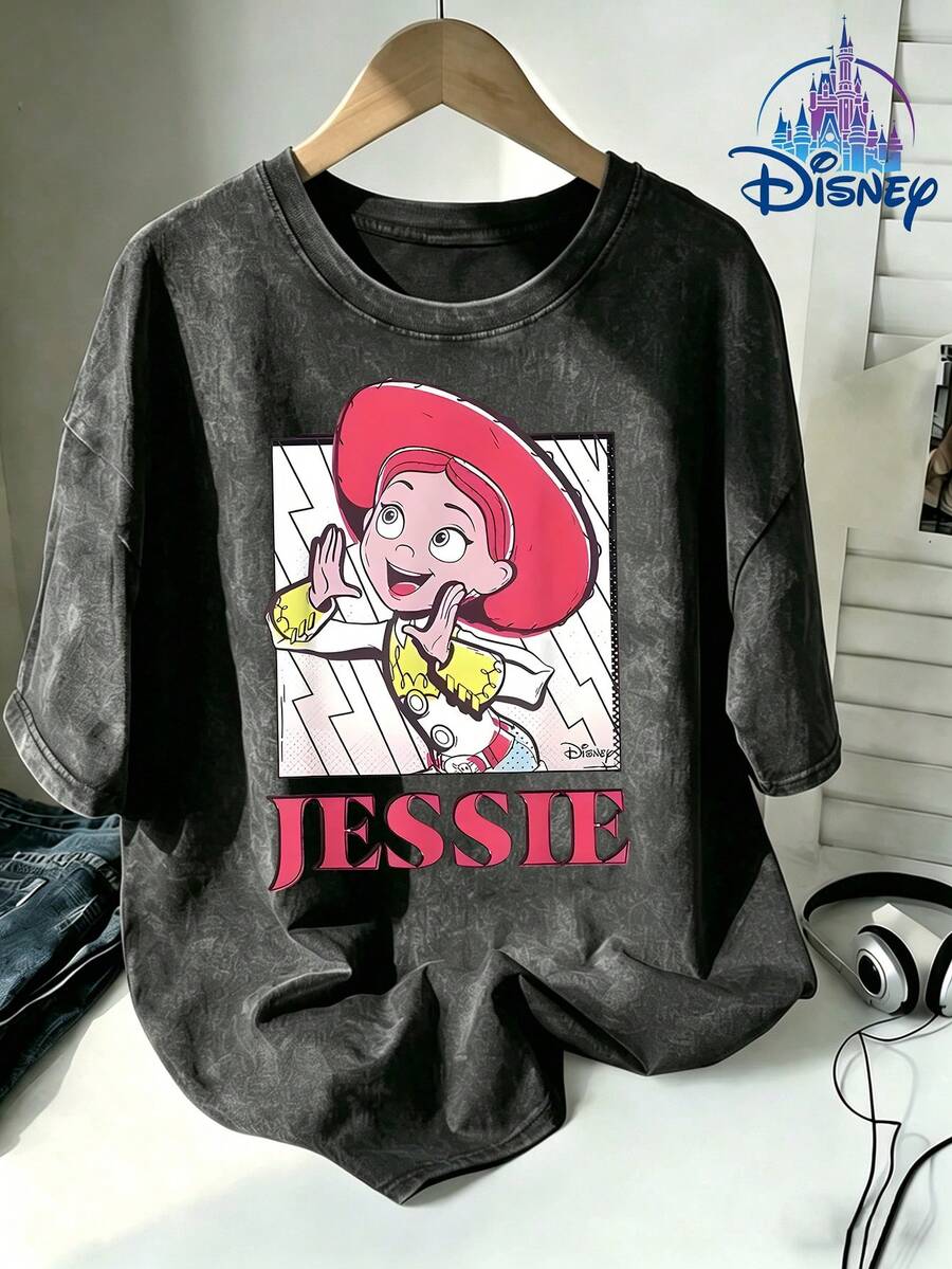 Disney Toy Story Jessie Comic Style Print Washed T-Shirt, Retro Street Basic Casual Top, Daily Essential & Ideal For Gifting - 黑色 - 查看 1
