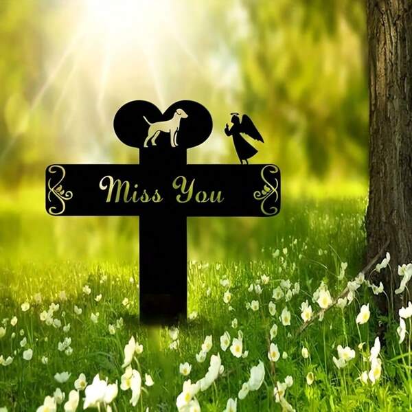 Heart Cross Dog Cemetery Stake, Praying Angel Shaped Pet Memorial Plaque, Rust-Proof Garden Sign, Comfort Gift For Dog Owners Who Lost Their Beloved Pets