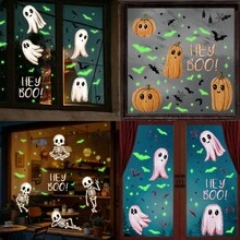 1Set Glow In The Dark Halloween Static Window Stickers, Multi-Style Ghost Pumpkin Skeleton Bat Spider Web HEY BOO Pattern Fluorescent Glass Clings, No Adhesive Reusable Decor For Store Cafe Glass Door Window Halloween Party Home Decor. - Multicolor - View 3
