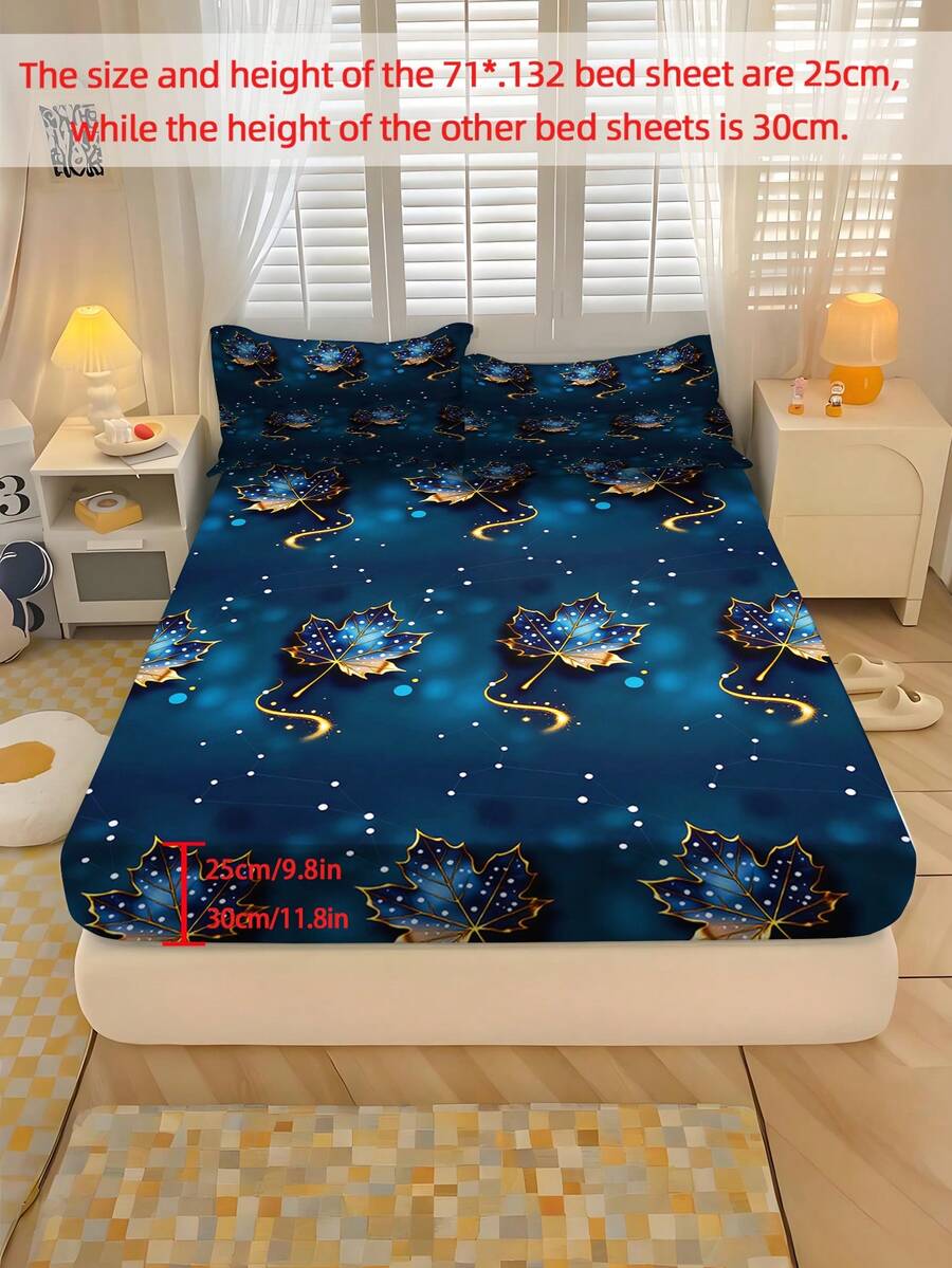 2/3PCS Dark Blue Golden Maple Leaf Star Fitted Sheet With 1/2Pcs Pillowcases,Luxury Dreamy Ins Style Polyester Bedding,Gold Rim Maple Print,For Home Decor Housewarming All Seasons - Multicolor - View 1