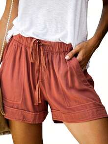 Women's Casual Shorts With Adjustable Drawstring, Elastic Waistband, Solid Color, Lightweight, For Summer Beach, With Pockets - 橘紅色 - 查看 3
