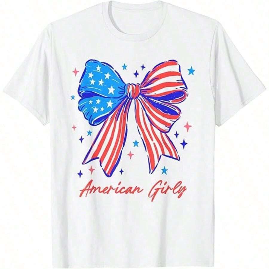 White T-Shirt For Toddlers With Patriotic 4th Of July Print, Casual, Short Sleeve, , Kindergarten Graduation, 4th Of July Girls, Children's Items, Clothing - 綠色 - 查看 1