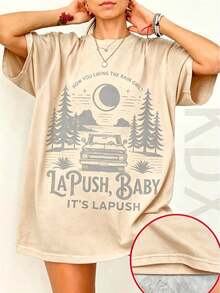 Women's New Summer Cotton T-Shirt, Vintage Washed Forest Landscape Print, Breathable Men's T-Shirt For Casual Everyday Couple Outfits - 杏色 - 查看 7