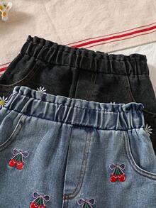 2pcs/Set Girls Summer Cherry Blossom Embroidery Casual Denim Shorts Street Fashion - Multicolor - View 3