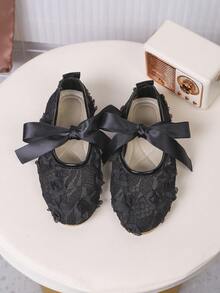 1 Pair Toddler Girls Floral Mesh Ballet Flats, Bow Decor Mary Jane Shoes, Non-Slip Slip-On Casual Shoes, Suitable For Children And Special Occasions, 1 Pair Children Lace Floral Mary Jane Flats, Girls Bow Ballet Shoes, Breathable Mesh Slip-On Dress Shoes, Suitable For School And Parties - Black - View 2