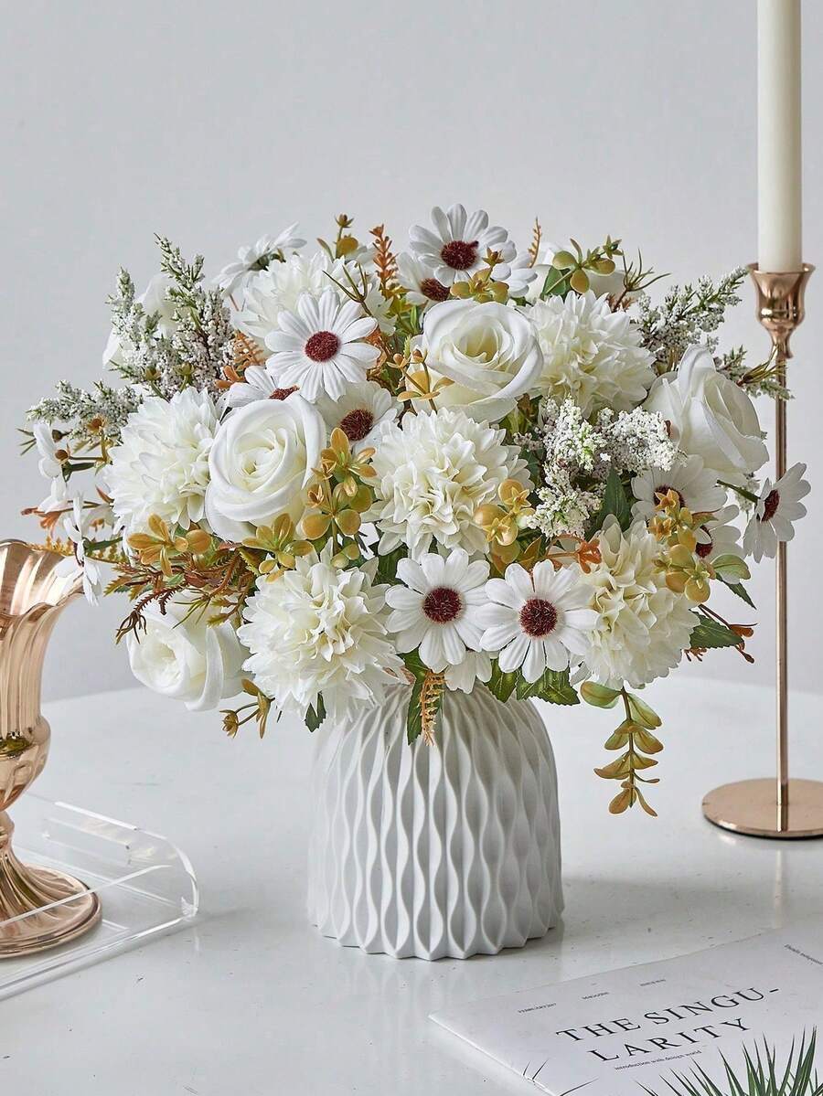 1pc Artificial Rose Faux Plant, Suitable For Home, Wedding Party Decoration, Tabletop Centerpiece, Valentine's Day, Birthday Gift, Graduation Ceremony And Other Occasions - White - View 1