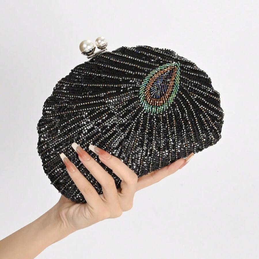 Women's Shell-Shaped Clutch Handbag, Sequin Handbag, Retro Luxury Design With Embroidery, Evening Party Bag - 黑色 - 查看 1