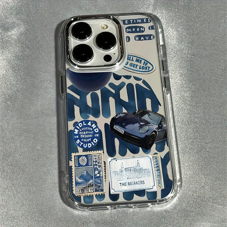 Funda para Teléfono: Ilustración de Coche de Lujo Transparente con Lente Electroplateado, Adecuada para 17/17 Pro/17/16/15/14/12/11/13 Pro Plus, Funda de Protección, Regalos de Festival para Parejas, Amigos, Familia, Ti, Duradera, Antigolpes, a - Plateado - Ver 1