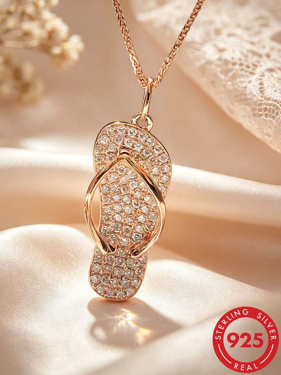 1 pieza Collar colgante de diseño de zapatilla de lujo de plata S925 con circonita brillante, joyería elegante de uso diario, regalo de calidad para seres queridos - Amarillo Oro - Ver 1