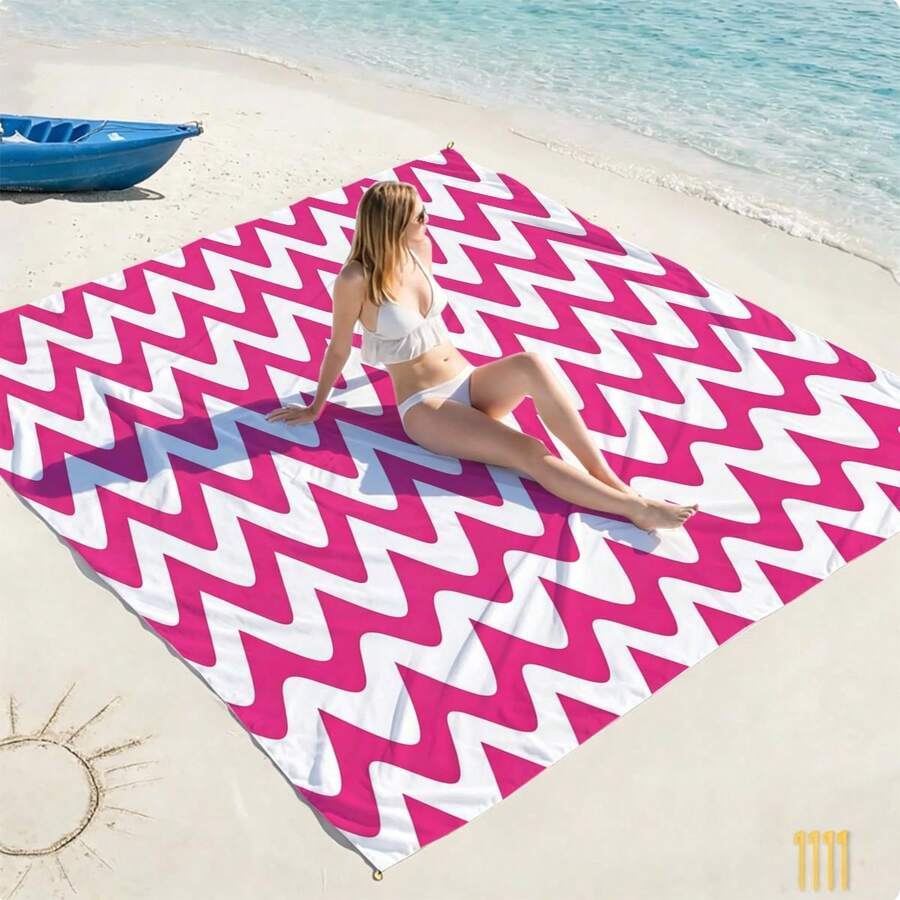 1pc Oversized Wavy Pattern Sand-Proof Quick-Dry Beach Towel Mat, Suitable For 1-3 Adults - Lightweight, Durable Polyester Fabric - Perfect For Travel, Camping, Hiking And Leisure Beach Time, Beach Mat, Picnic Mat Camping Ground Cover - Multicolor - View 1