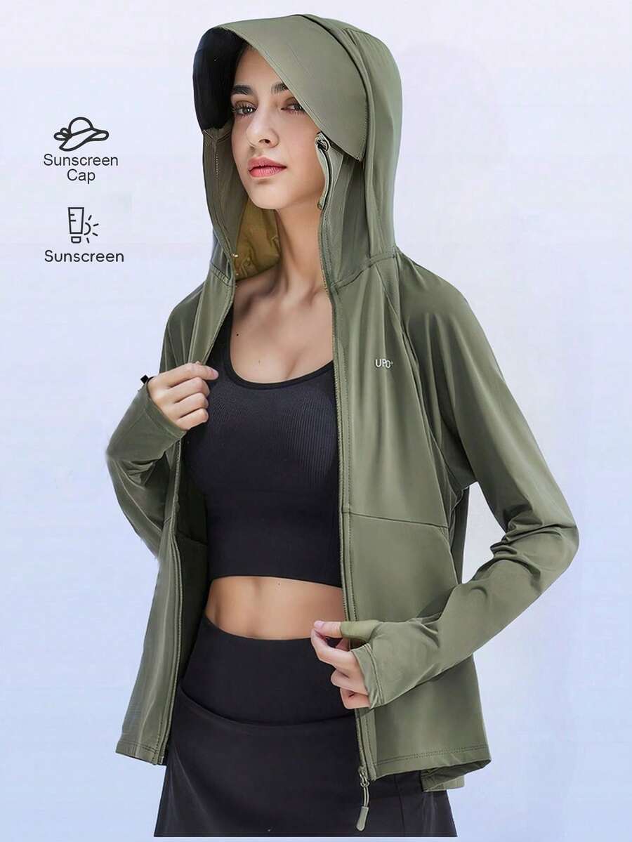 BOS Chaqueta Solar Mujer con Capucha, Ultraligera, Transpirable y de Secado Rápido, Protección UV para Senderismo, Pesca, Playa, Vacaciones y Outdoor - Verde - Ver 1