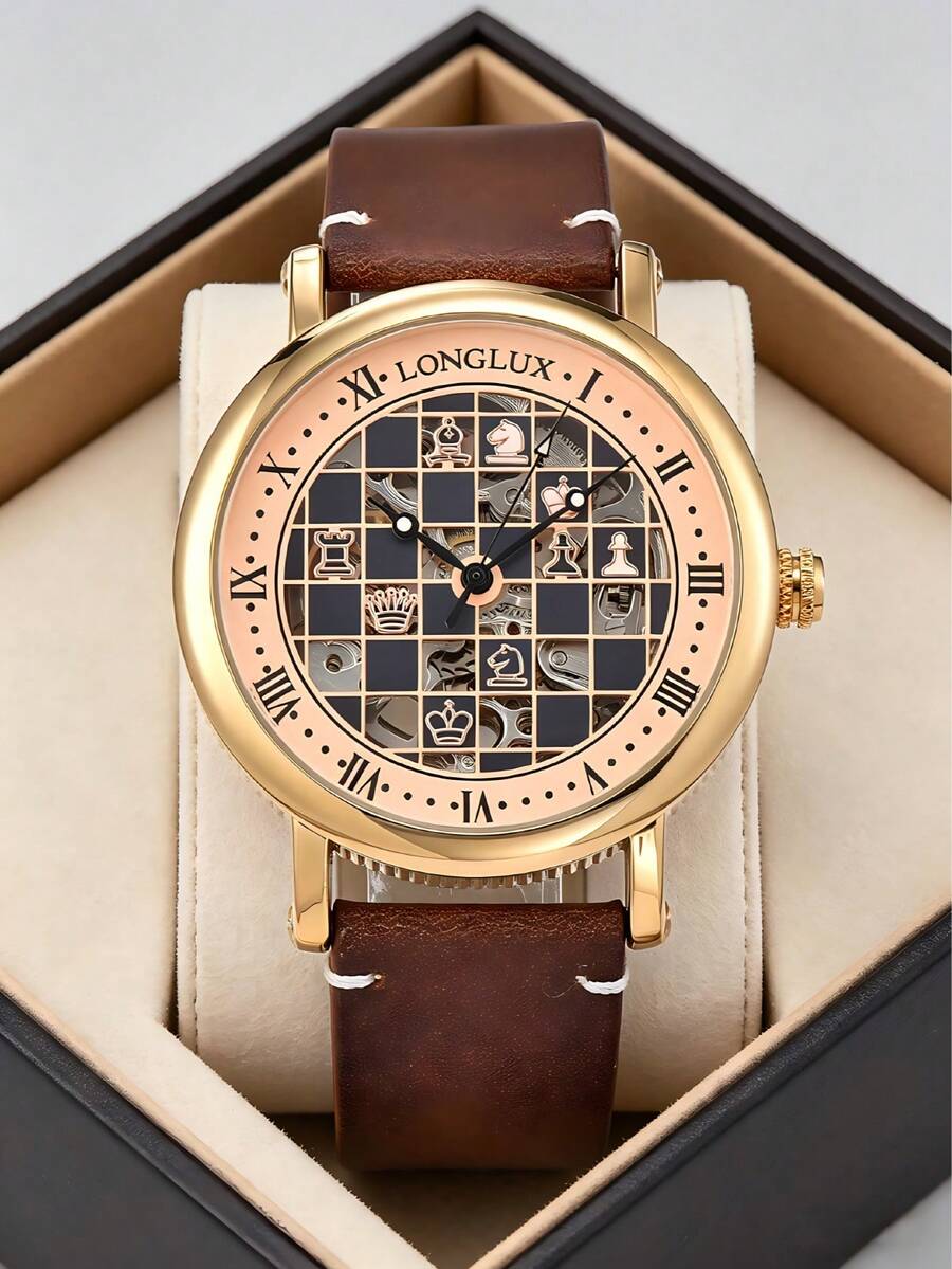 LONGLUX 1件男士自動機械錶，格子盤面，復古羅馬數字，商務風格，PU皮革錶帶，適合日常配戴