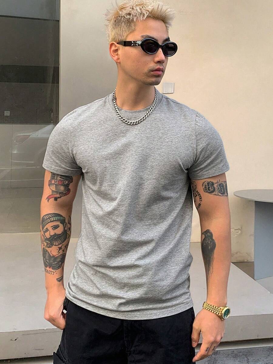 Men's Plain Cotton Crew Neck T-Shirt - Gray - View 1