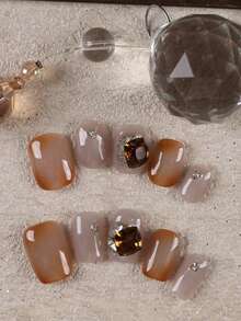 10pcs Press On Nails Short Nail Supplies Nails Press On Brown Nails White Cat's Eye Flash Diamond Fake Nails Short Office Daily Wear False Nails Artificial Nails Kit Includes 1sheet Adhesive Tabs &1 Pc Mini File Handmade Press On Nails - Multicolor - View 1