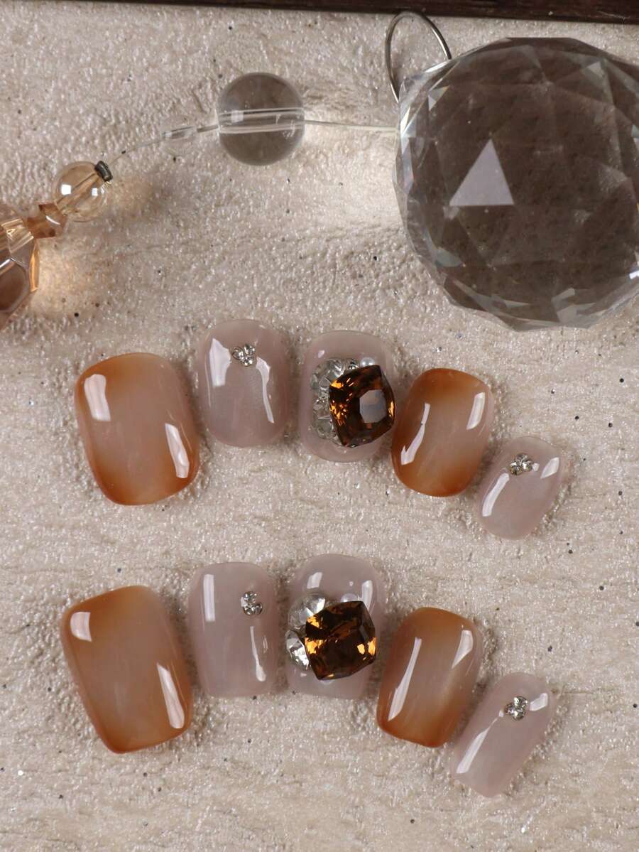10pcs Press On Nails Short Nail Supplies Nails Press On Brown Nails White Cat's Eye Flash Diamond Fake Nails Short Office Daily Wear False Nails Artificial Nails Kit Includes 1sheet Adhesive Tabs &1 Pc Mini File Handmade Press On Nails - Multicolor - View 1
