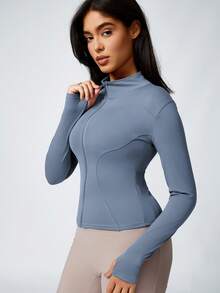 女款戶外網球防曬拇指孔長袖運動拉鍊外套，立領優雅淺藍色瑜珈服，修身顯瘦運動外套，防曬彈性瑜珈運動開襟上衣，適合健身、舉重、運動、戶外跑步 - 霧霾藍 - 查看 7