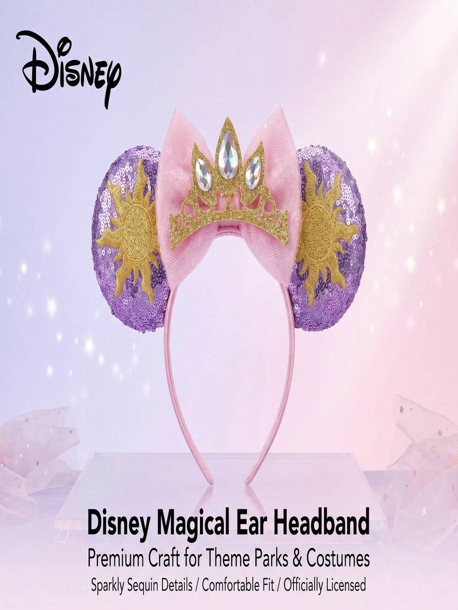 1-Piece Disney Princess Minnie Ear Headband Set, Purple Sequin Sun Embroidery Rhinestone Crown Bow Headband, Theme Park Cosplay Costume Hair Accessory - Crown Pink - View 1