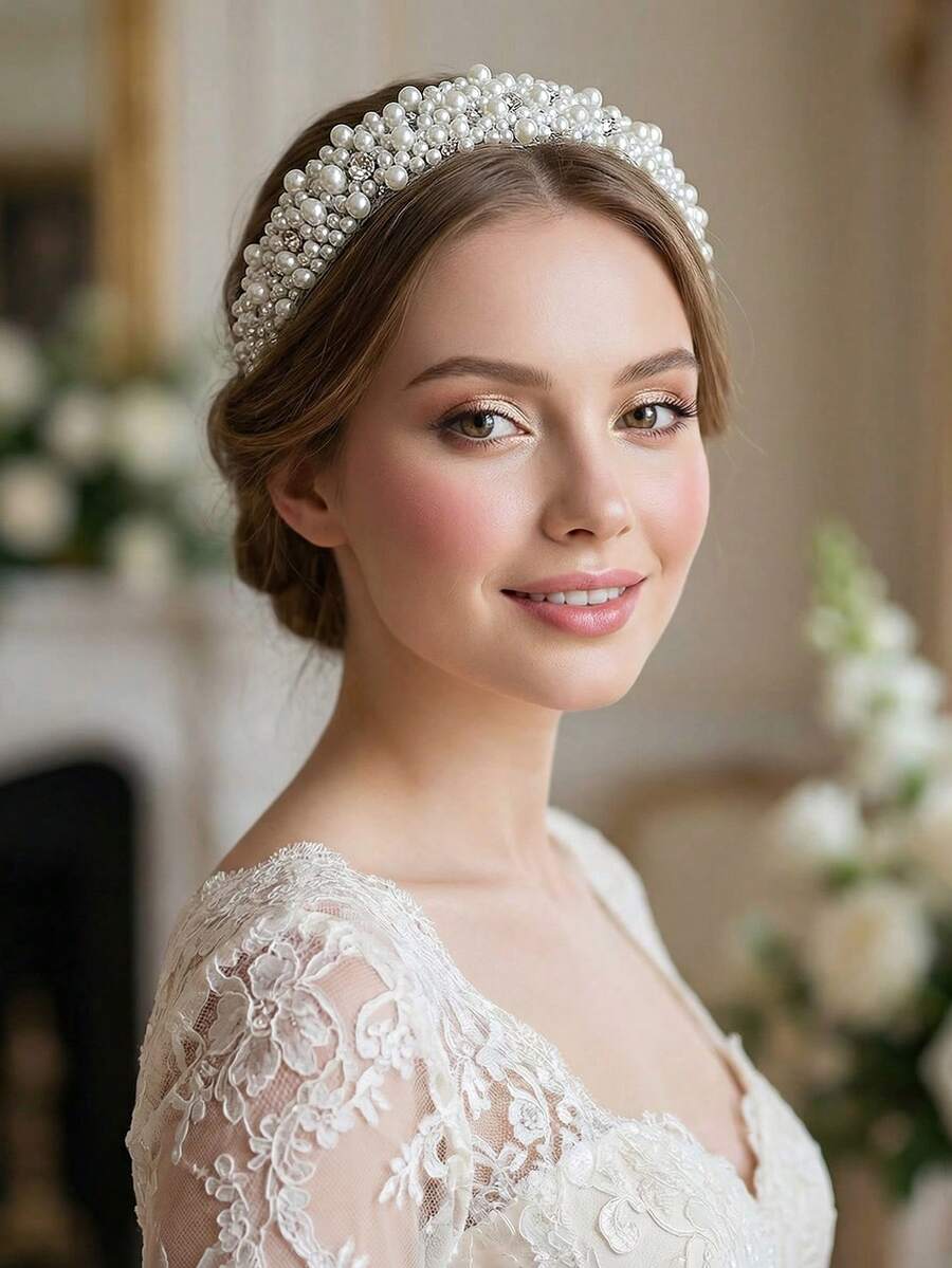 1件紅色女款頭飾，閃亮仿珍珠水鑽髮箍，新娘頭飾，女性髮飾，婚禮宴會舞會禮服裝扮髮飾，夏季