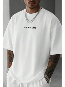 Camiseta de manga corta con cuello redondo y estampado de la frase "I DON'T CARE" para hombres GRDR, cómoda y de moda - Blanco - Ver 1