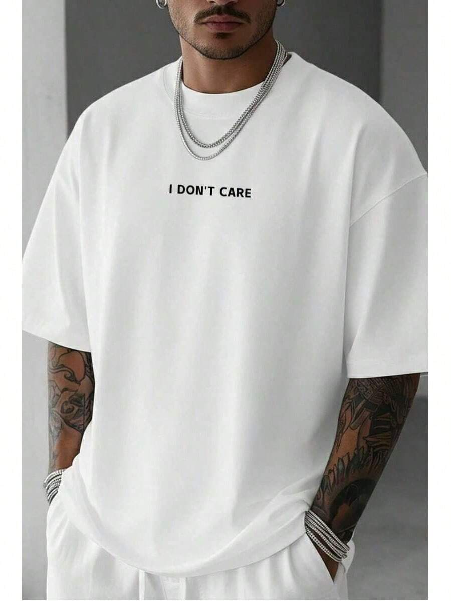 Camiseta de manga corta con cuello redondo y estampado de la frase "I DON'T CARE" para hombres GRDR, cómoda y de moda - Blanco - Ver 1