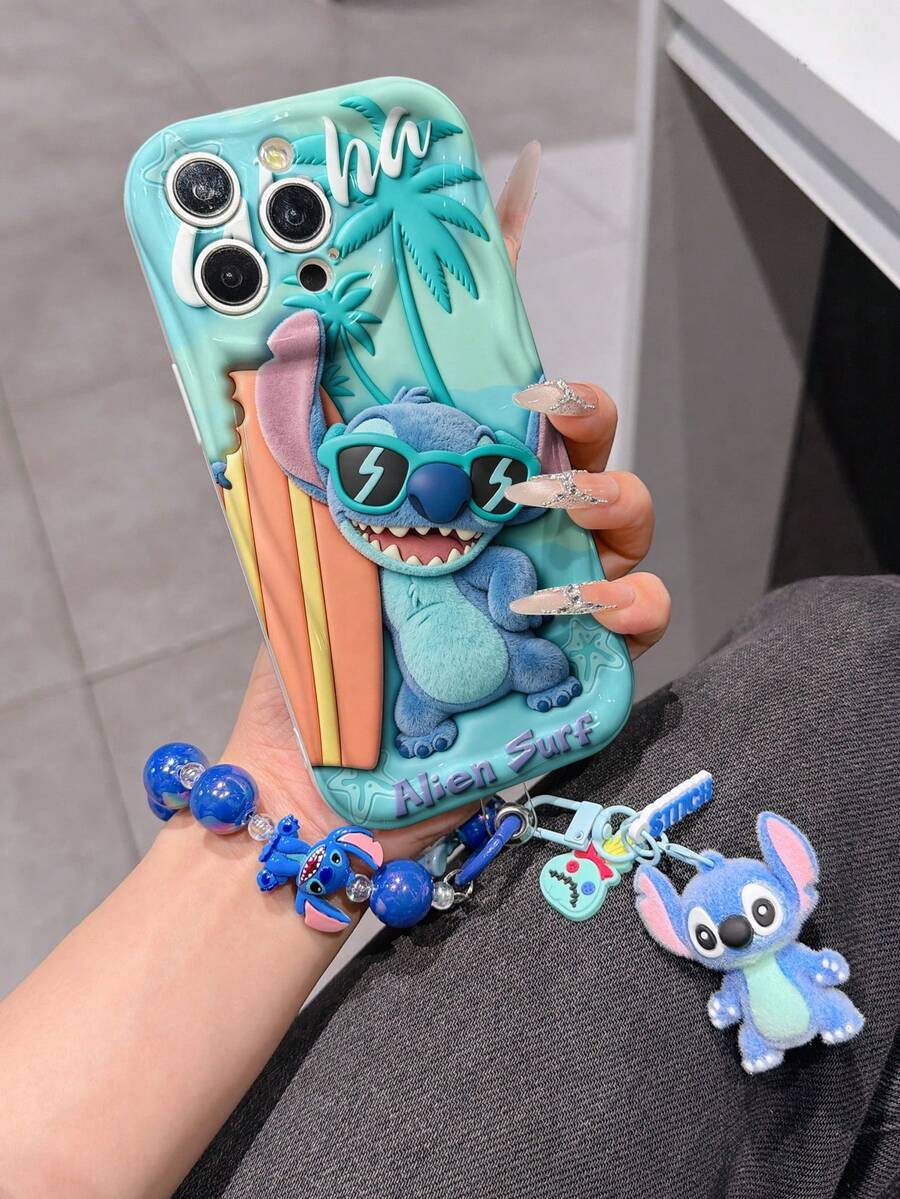 Disney Has Authorized, Phone Case - Chain Set, The Stitch Lilo & Stitch 3D Phone Case Plus A Silicone 3D Stitch Bracelet With Metallic Ring Removable Bracelet, Stitch And Angel Pattern, Compatible With Iphone17/16/15/14/13/12/11/XS/XR/X Plus Pro Max, A Stylish Cartoon Phone Case, The Perfect Gift Choice, Phone Protection, Durable Phone Cover, Great Gift For Friends And Family. - 白色 - 查看 1