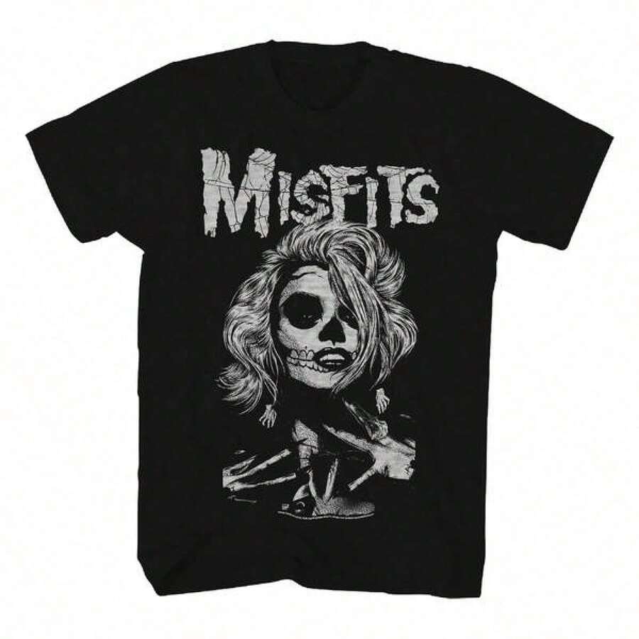Printed T-Shirt, Graphic Cotton T-Shirts, Plus Size, Cartoon Crew Neck, Short Sleeve, Misfits Band T-Shirt, Women's Black Short Sleeve T-Shirt - 白色 - 查看 1