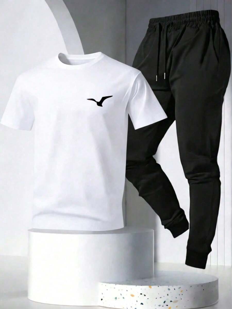 Camiseta de manga corta para hombre, de algodón estampado, ligera y cómoda para uso diario. No es un conjunto, solo los pantalones para referencia de combinación. - Blanco - Ver 1