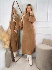 Women's Beige Camel Winter Dress, Long Sleeve, Premium Mousse Knit, High Neck, Puff Sleeves, Flanged Stitch Detail, Elegant Women's Dresses, Casual Chic Fashion For Evening, Comfortable Fit, Modern Design, Autumn/Winter - 駝色 - 查看 1