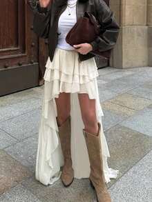 Buzzelle 1件女款時尚新款不對稱蛋糕裙，低腰顯瘦前短後長荷葉邊設計裙，休閒時尚極簡夏季款 - 杏色 - 查看 3