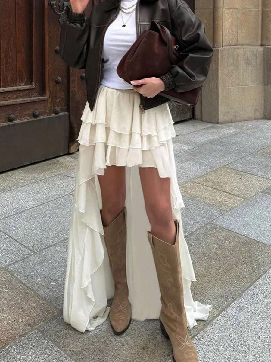 Buzzelle 1件女款時尚新款不對稱蛋糕裙，低腰顯瘦前短後長荷葉邊設計裙，休閒時尚極簡夏季款
