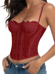Women's Lace Corset Top, For Going Out To Parties Or Clubs, With Buckle. - 酒紅色 - 查看 11